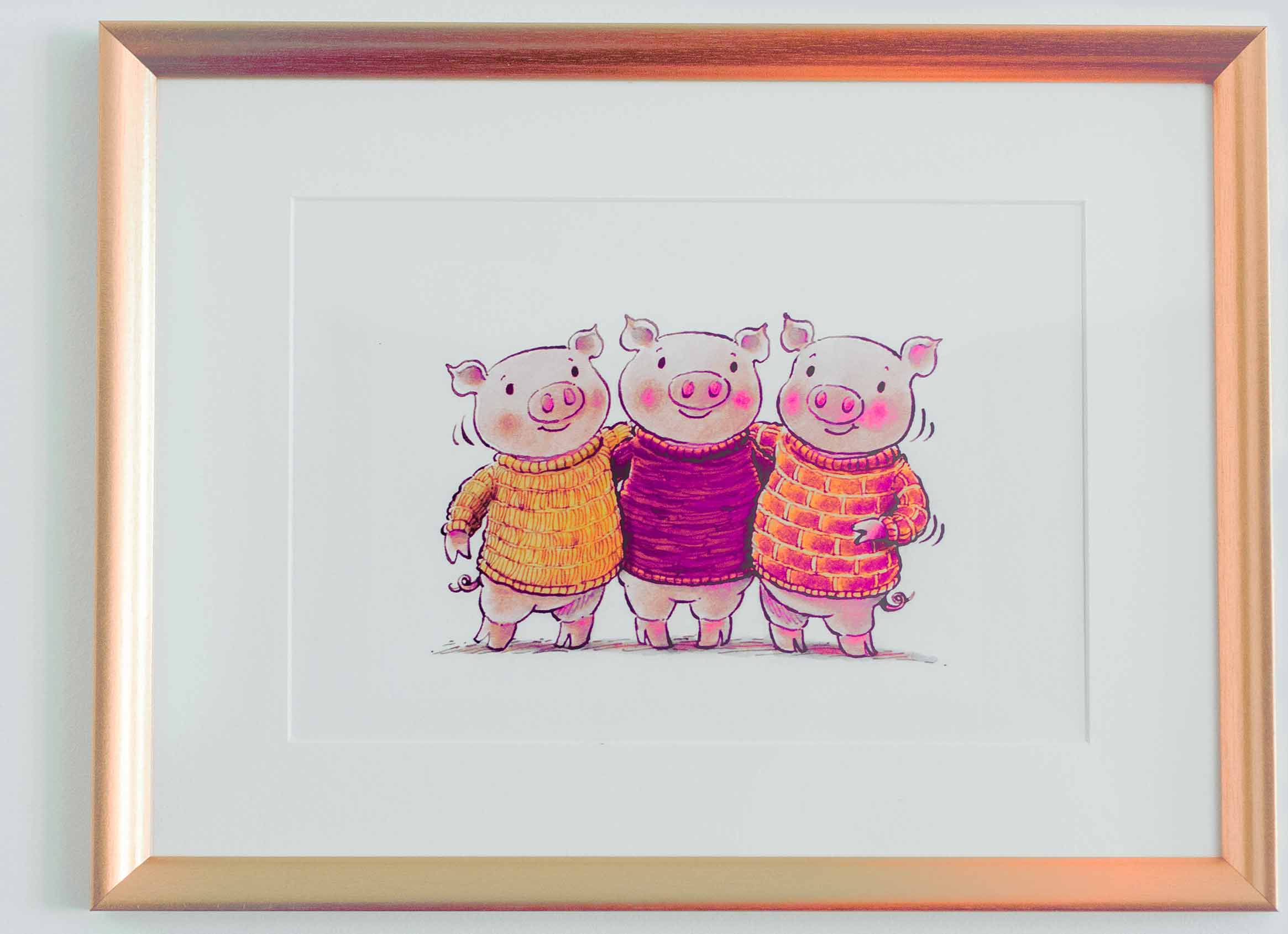 Three pigs illustration in a picture frame
